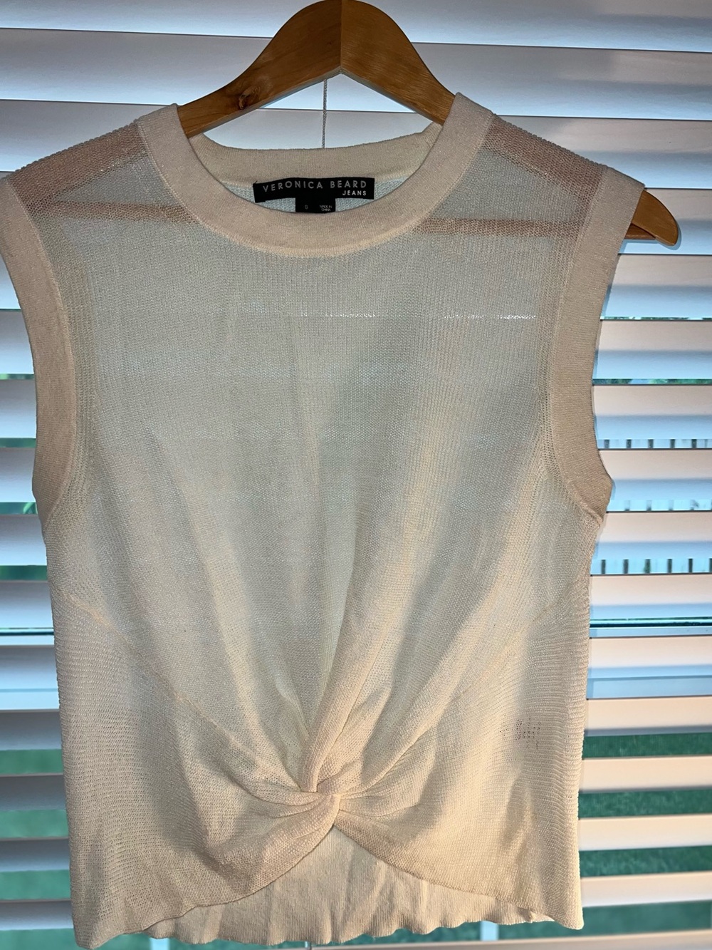 Veronica Beard Cream Twist-Front Sleeveless Knit Tank